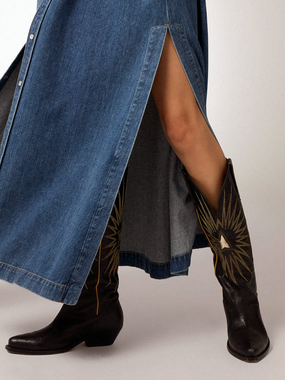 Black Snip-Toe Platinum Star Burst Inlay Embroidery Wide Calf Tall Knee High Cowgirl Boots