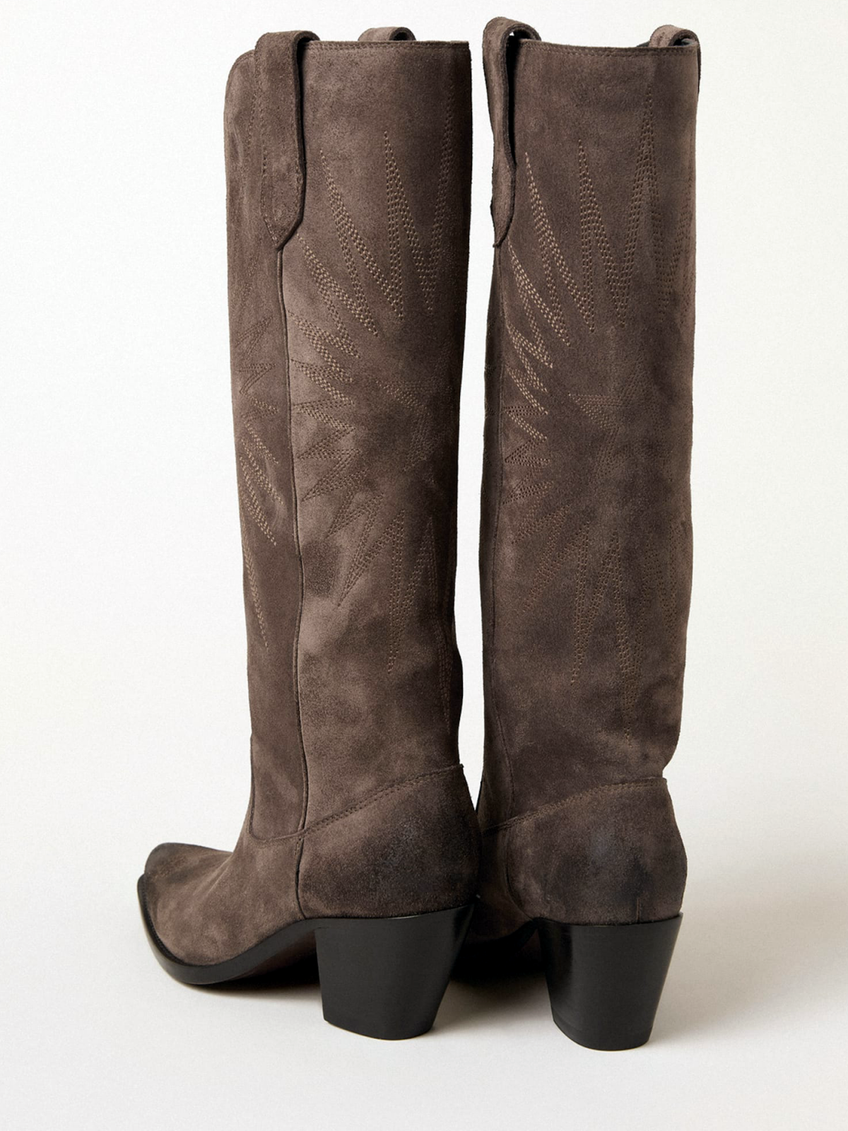 Brown Faux Suede Snip-Toe Star Burst Embroidery Wide Calf Tall Knee High Cowgirl Boots