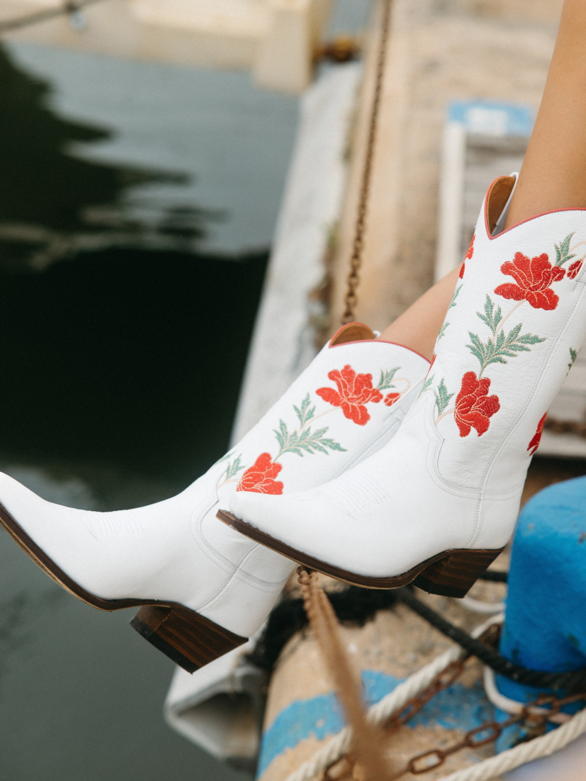 White Snip-Toe Red Flower Embroidery Wide Mid Calf Cowgirl Tall Boots