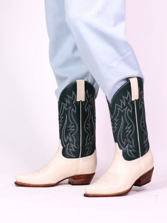 Contrast Cream And Green Snip-Toe Embroidery Wide Mid Calf Cowgirl Boots