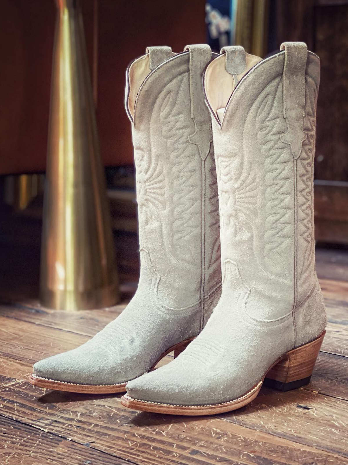 Cream Faux Suede Eagle And Heart Embroidery Pointed-Toe Wide Mid Calf Tall Cowgirl Boots