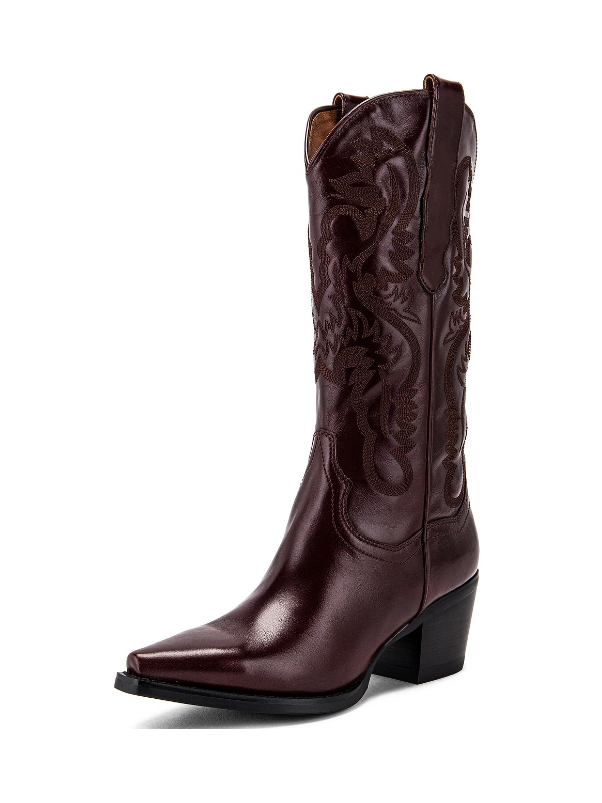 Metallic Wine Red Snip-Toe Embroidery Wide Mid Calf Tall Cowgirl Boots