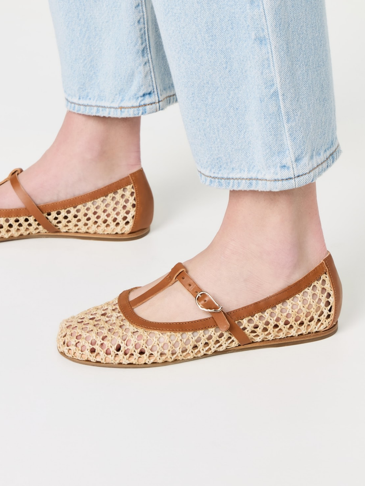 Beige Crochet Raffia Woven Ballet Flats With Brown Buckled T-Strap