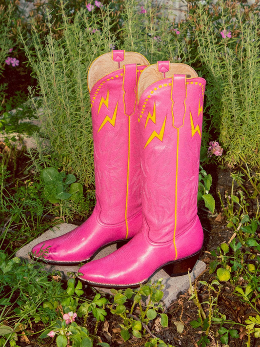 Yellow Lightning Inlay Stitch Embroidery Almond-Toe Wide Mid Calf Tall Cowgirl Boots - Fuchsia