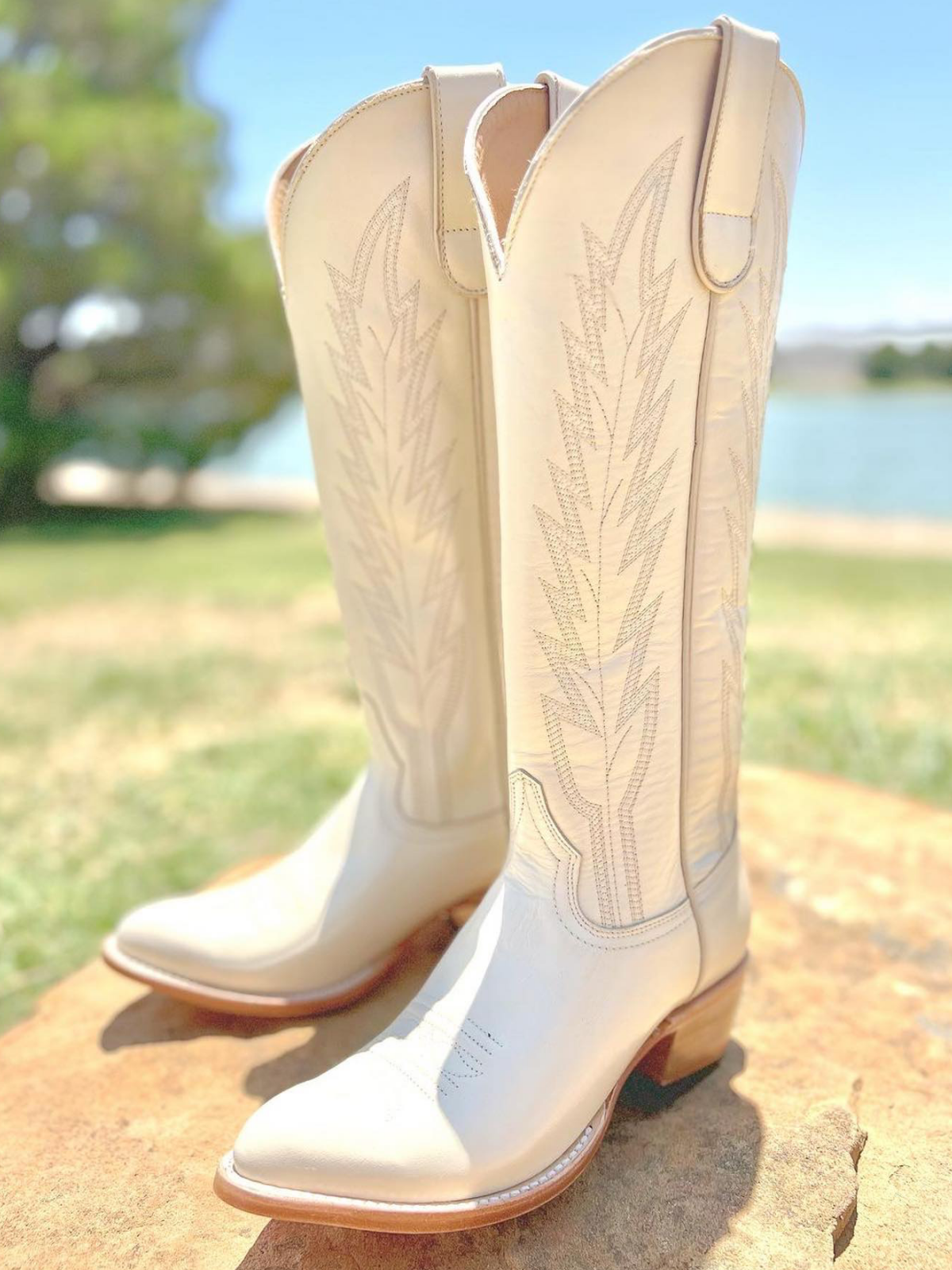 Ivory Embroidery Almond-Toe Wide Mid Calf Cowboy Tall Boots For Women