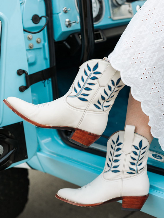 Ivory Almond-Toe Blue Leaves Inlay Wide Mid Calf Cowgirl Boots