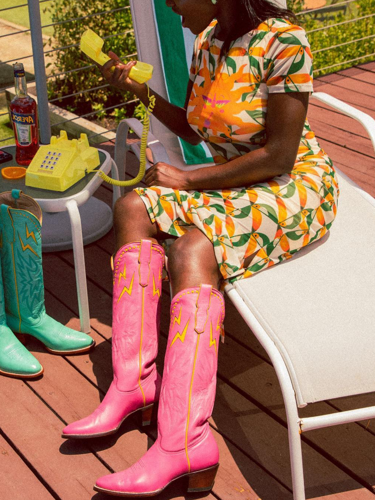 Yellow Lightning Inlay Stitch Embroidery Almond-Toe Wide Mid Calf Tall Cowgirl Boots - Fuchsia