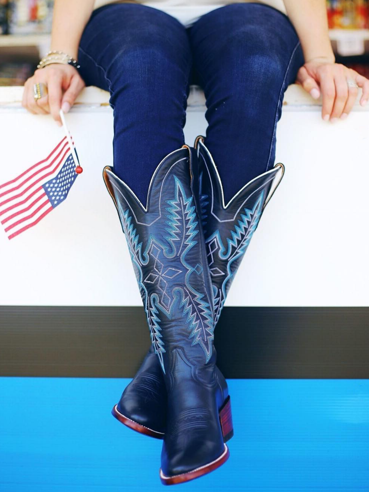 Blue Embroidered Almond-Toe Mid Calf Western Boots Wide Calf Cowgirl Tall Boots