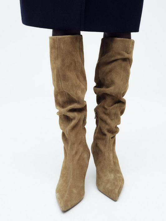 Brown Faux Suede Pointed-Toe Wide Calf Tall Knee High Stiletto Boots