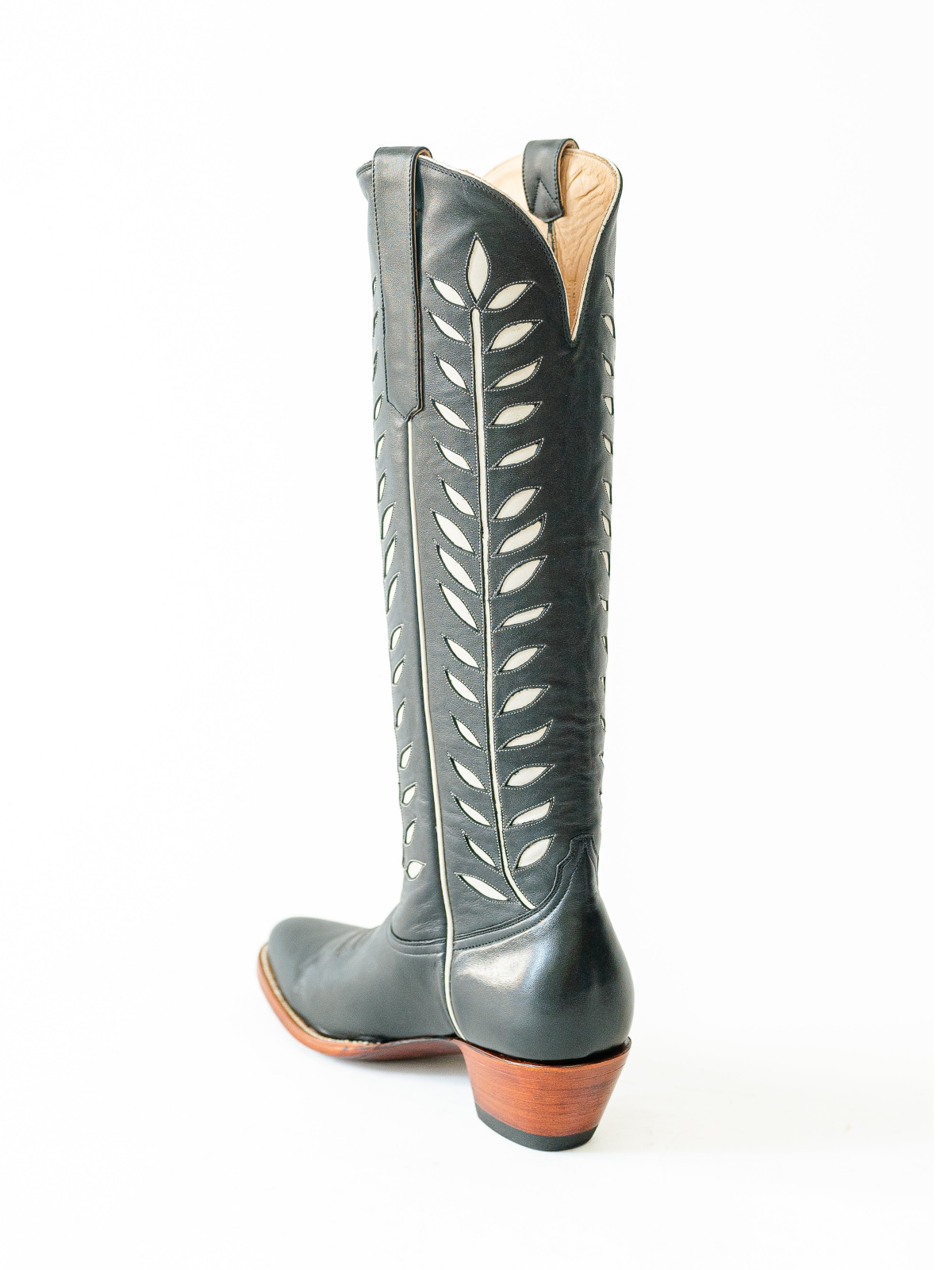 Almond-Toe Ivory Leaves Inlay Wide Calf Tall Knee High Cowgirl Boots - Black