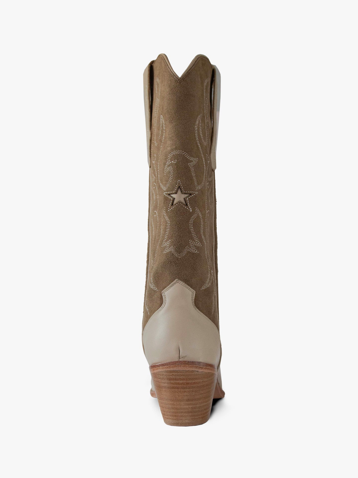 Contrast Taupe Faux Suede And Gray Snip-Toe Embroidery Star Inlay Wide Mid Calf Cowgirl Boots