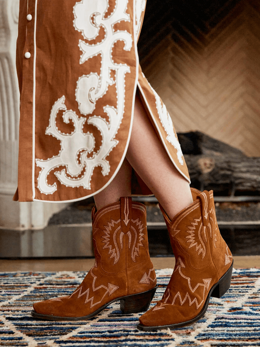 Jagged Embroidery Snip-Toe Wide Mid Calf Cowgirl Boots - Brown Faux Suede