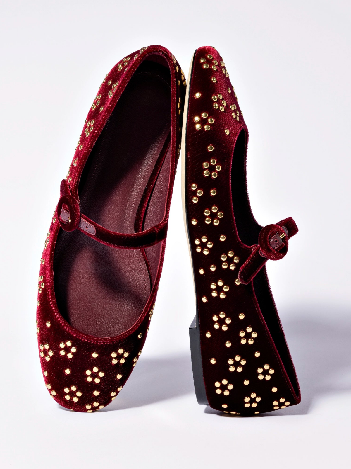 Wine Red Velvet Round-Toe Bridge Starp Ballet Flats With Gold Studs