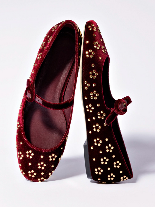 Wine Red Velvet Round-Toe Bridge Starp Ballet Flats With Gold Studs