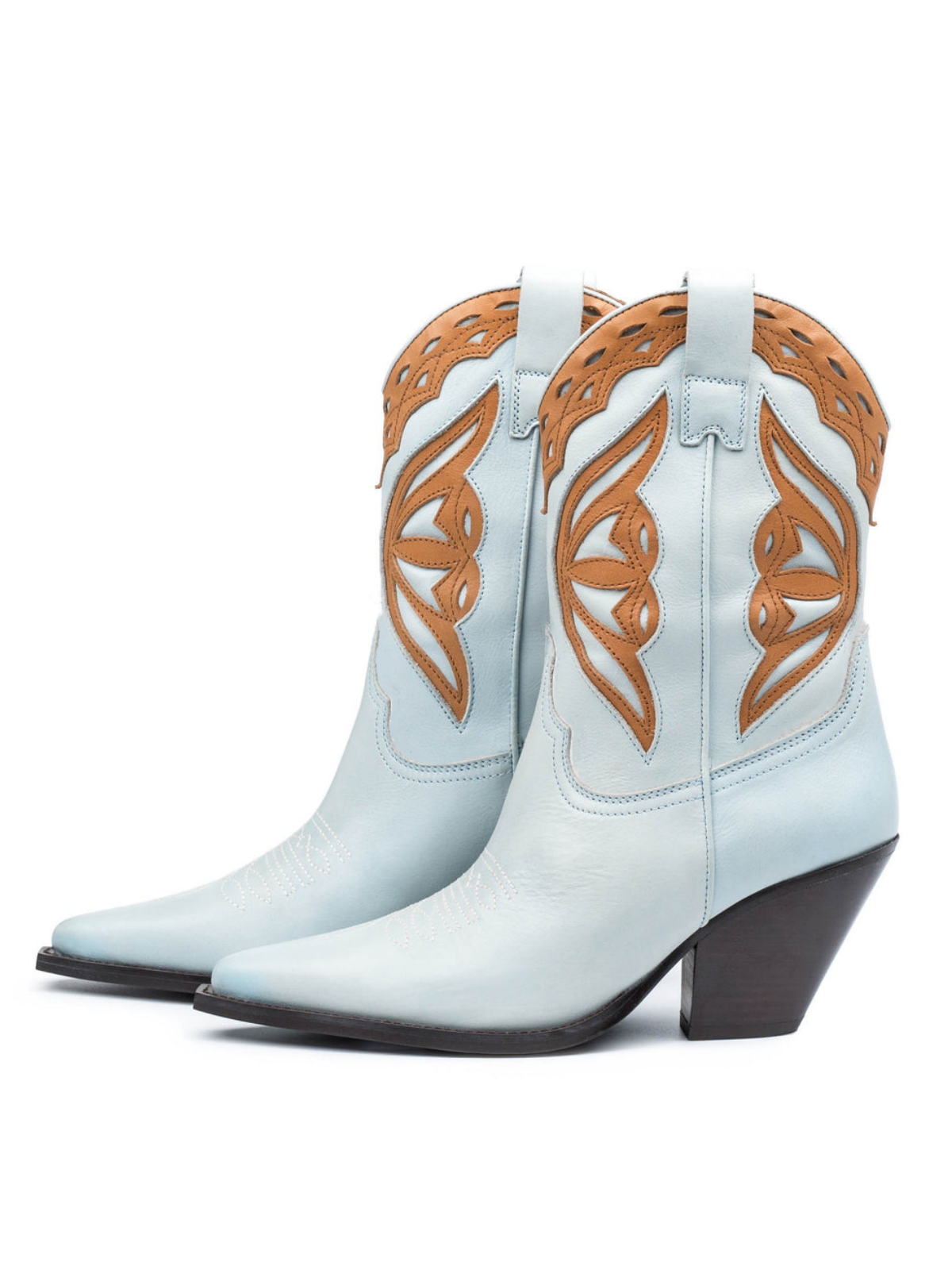 Light Blue Pointed-Toe Brown Inlay Applique Wide Mid Calf Cowgirl Boots