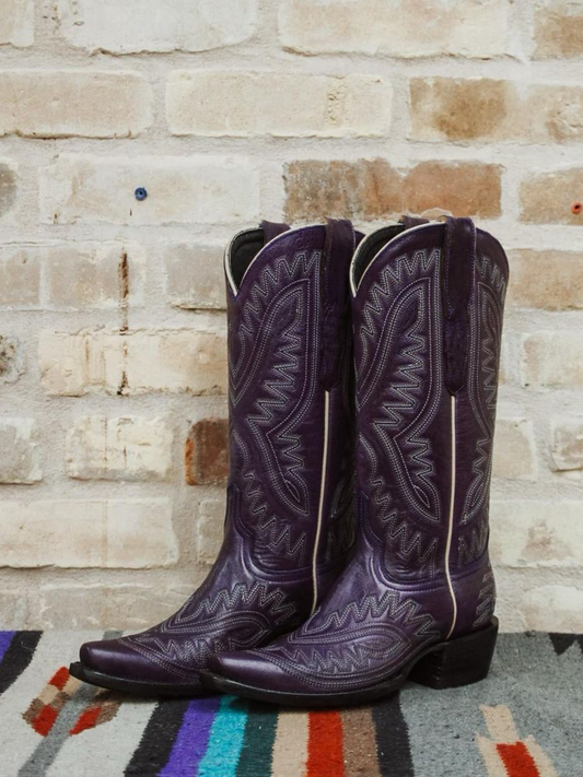 Purple Snip-Toe Embroidery Wide Mid Calf Cowgirl Tall Boots