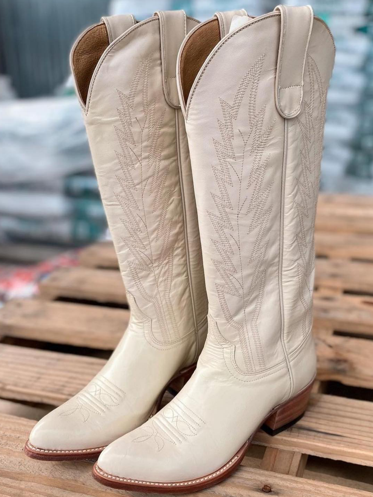 Ivory Embroidery Almond-Toe Wide Mid Calf Cowboy Tall Boots For Women