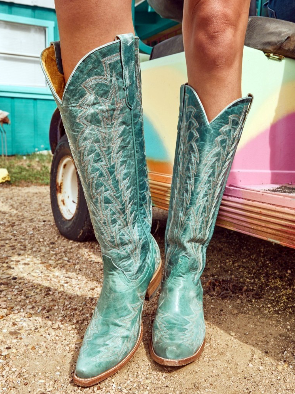 Distressed Turquoise Leaf Embroidery Wide Calf Knee High Tall Boots