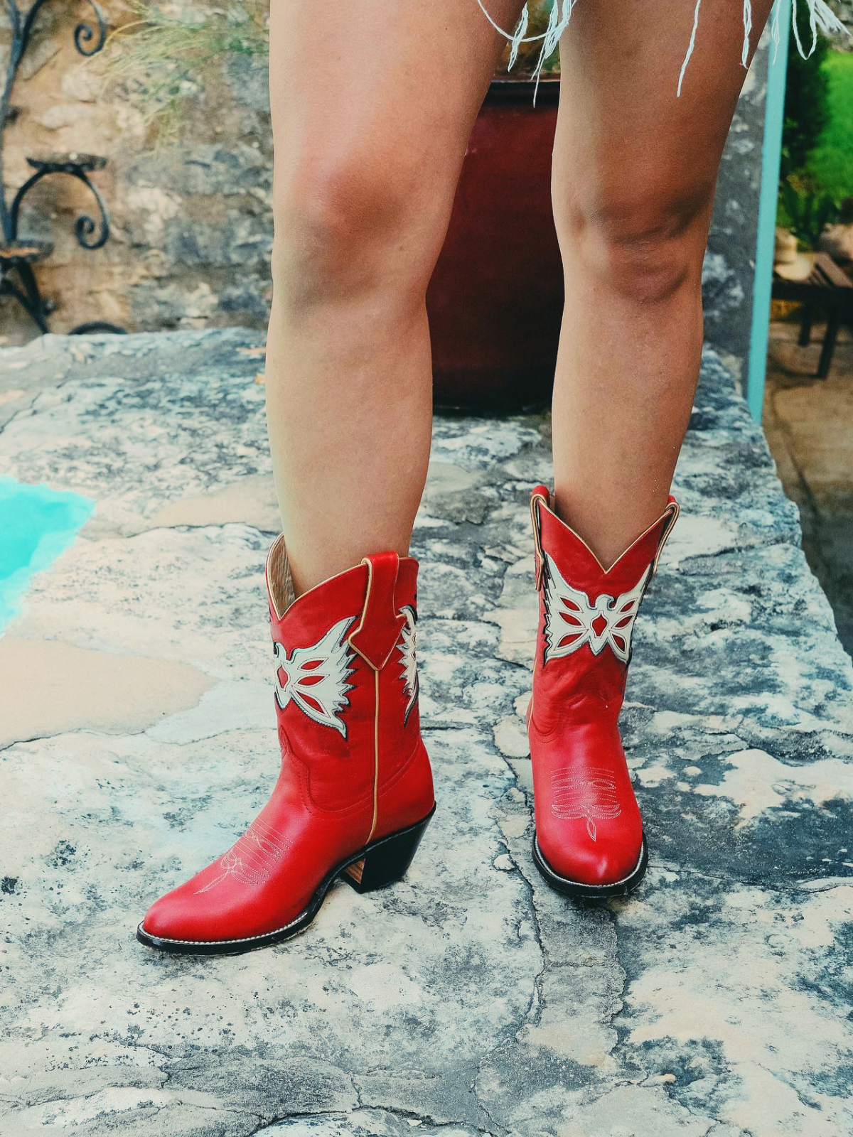 Red Thunderbird Inlay Almond-Toe Wide Mid Calf Western Cowgirl Boots