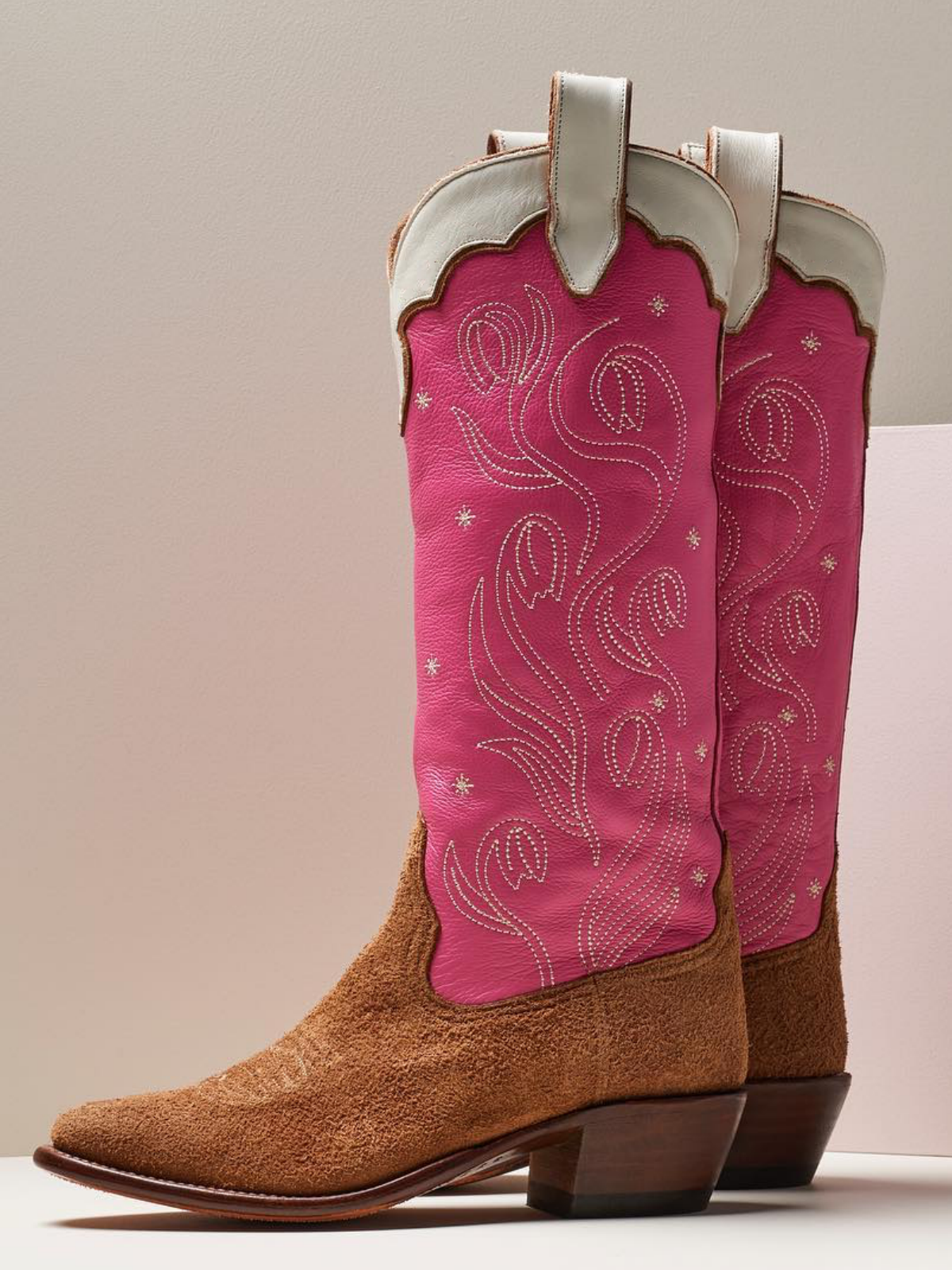 Contrast Brown Faux Suede And Pink Embroidery Almond-Toe Wide Mid Calf Tall Cowgirl Boots