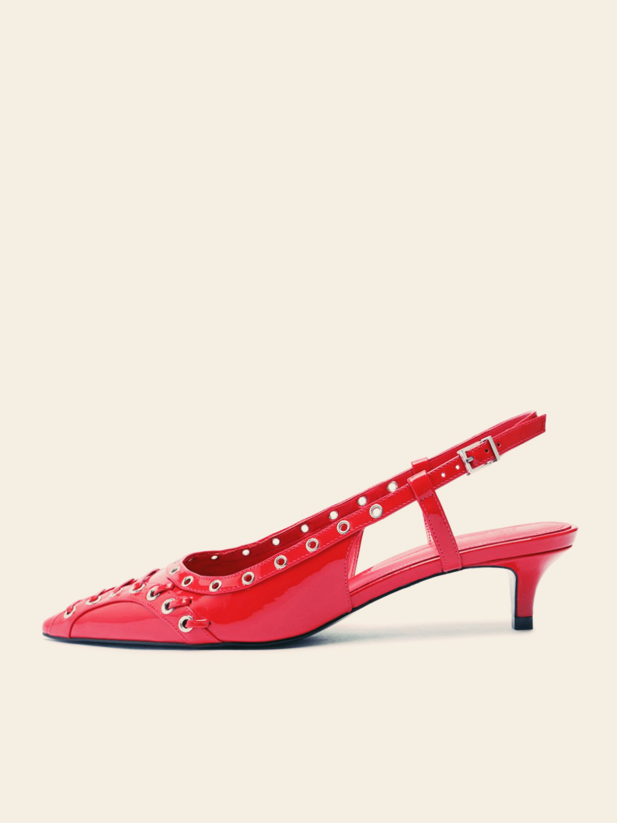 Red Patent Strappy Eyelet Pointy Kitten Heels Slingback Pumps