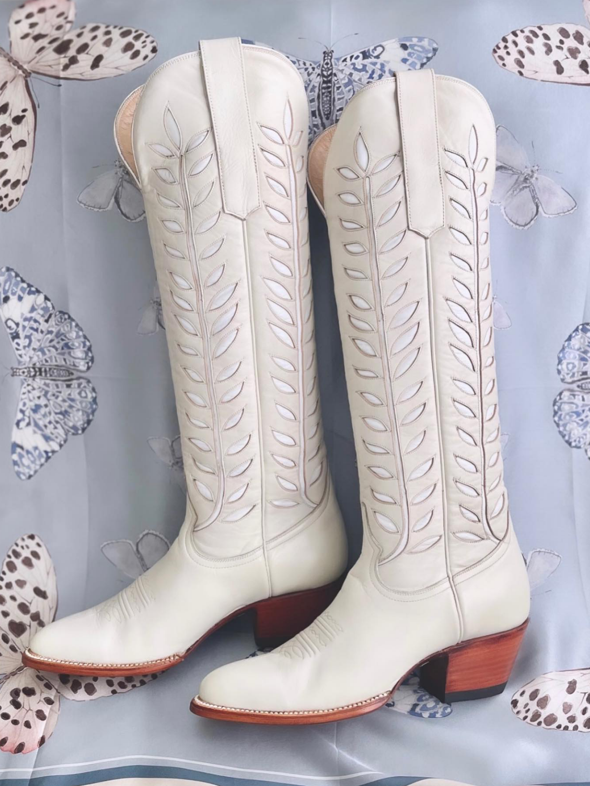 Almond-Toe Ivory Leaves Inlay Wide Calf Tall Knee High Cowgirl Boots - Cream