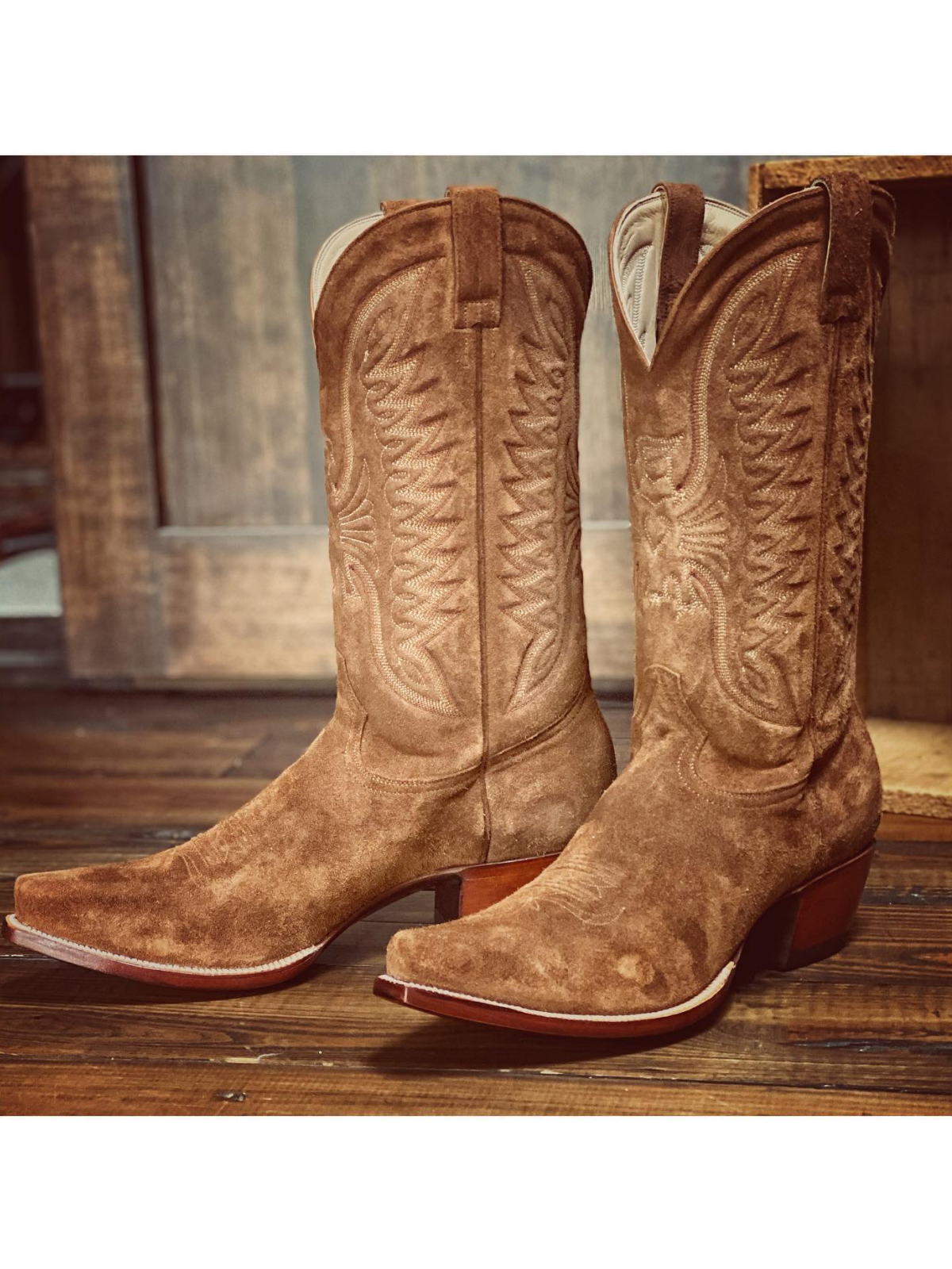 Brown Faux Suede Eagle And Heart Embroidery Snip-Toe Wide Mid Calf Tall Cowgirl Boots