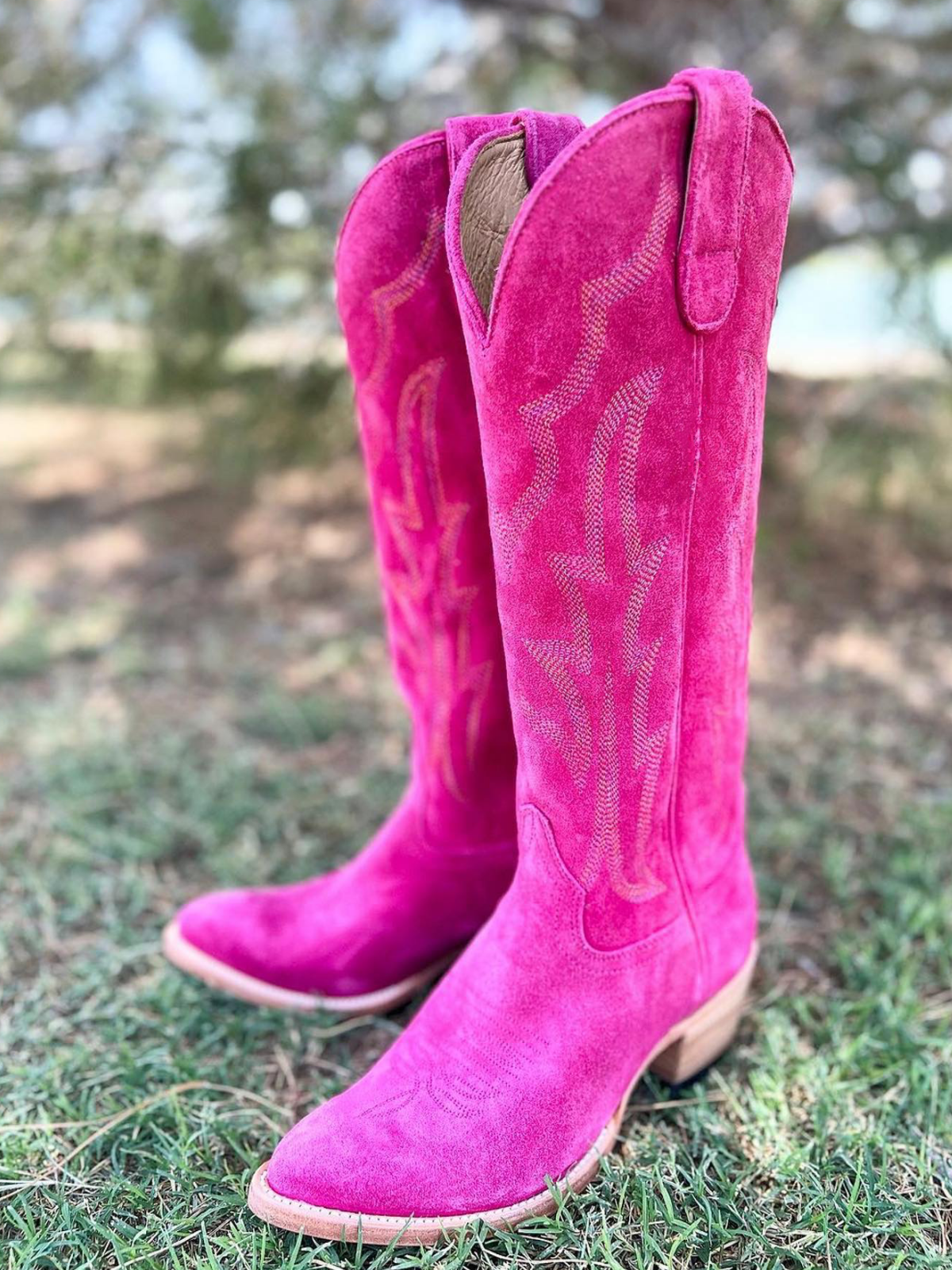 Hot Pink Faux Suede Embroidery Almond-Toe Wide Mid Calf Cowboy Tall Boots For Women