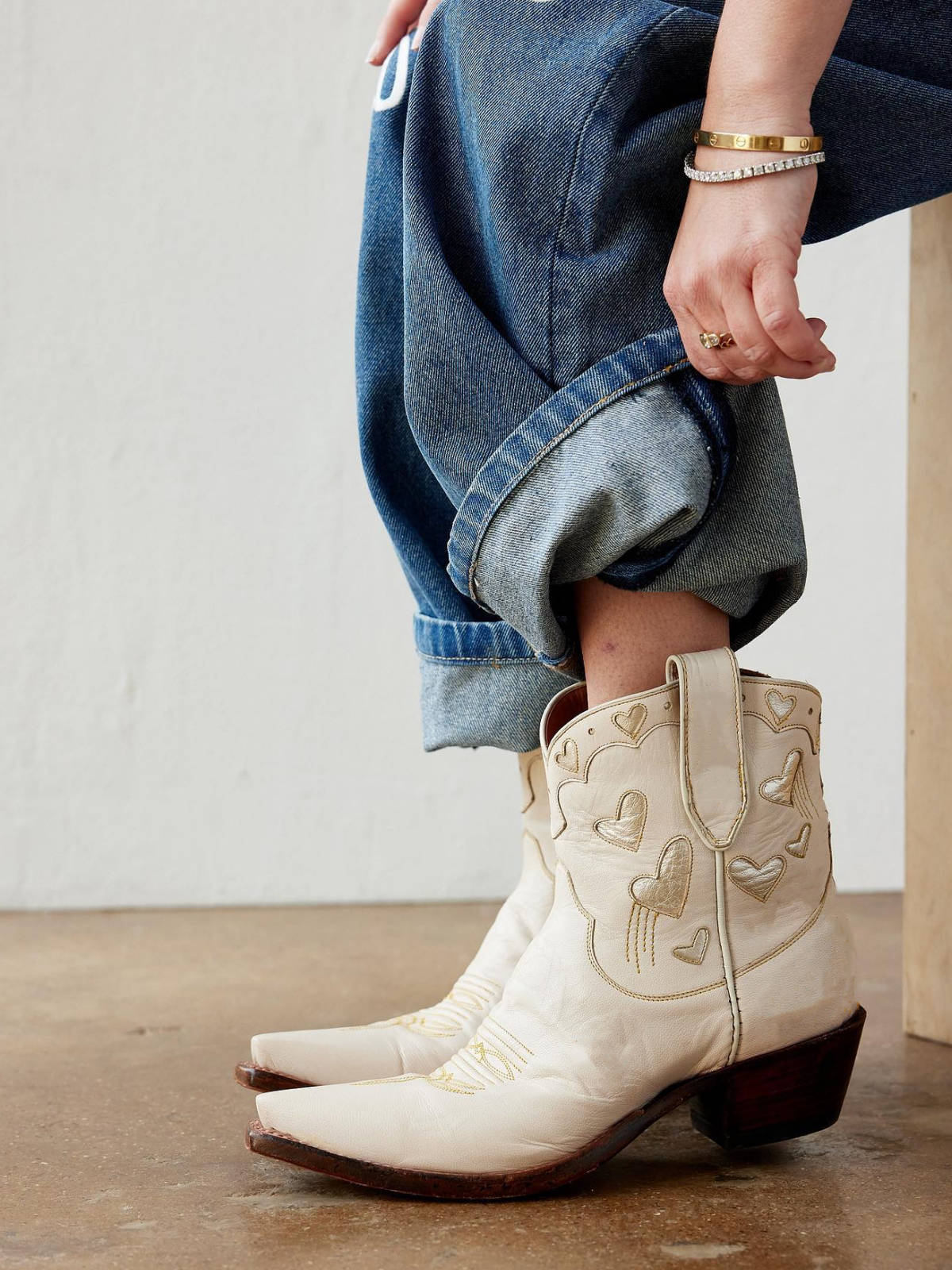 Cream Snip-Toe Western Ankle Booties With Metallic Gold Heart Inlay