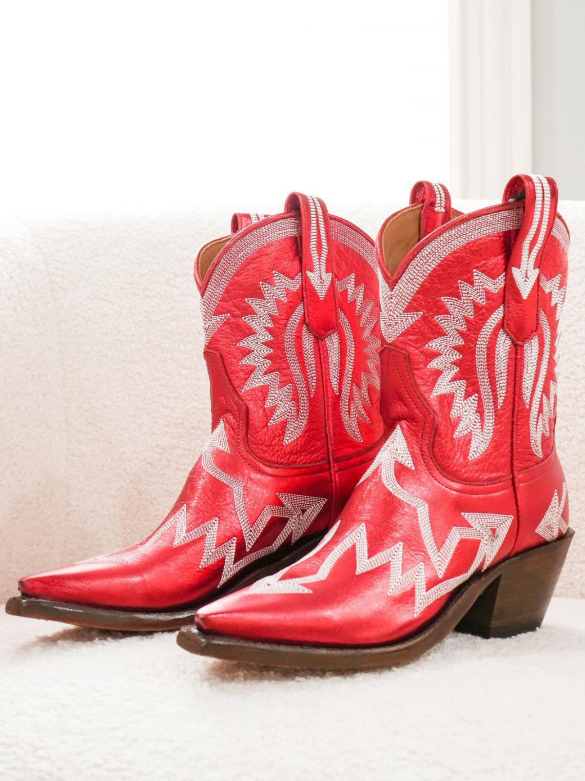 Metallic Embroidery Snip-Toe Wide Mid Calf Cowgirl Boots - Red