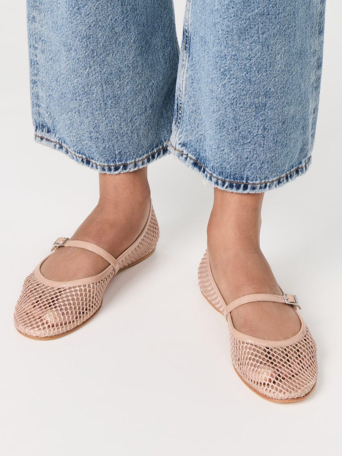 Blush Beige Fishnet Ballet Flats Mary Janes With Thin Buckle Strap