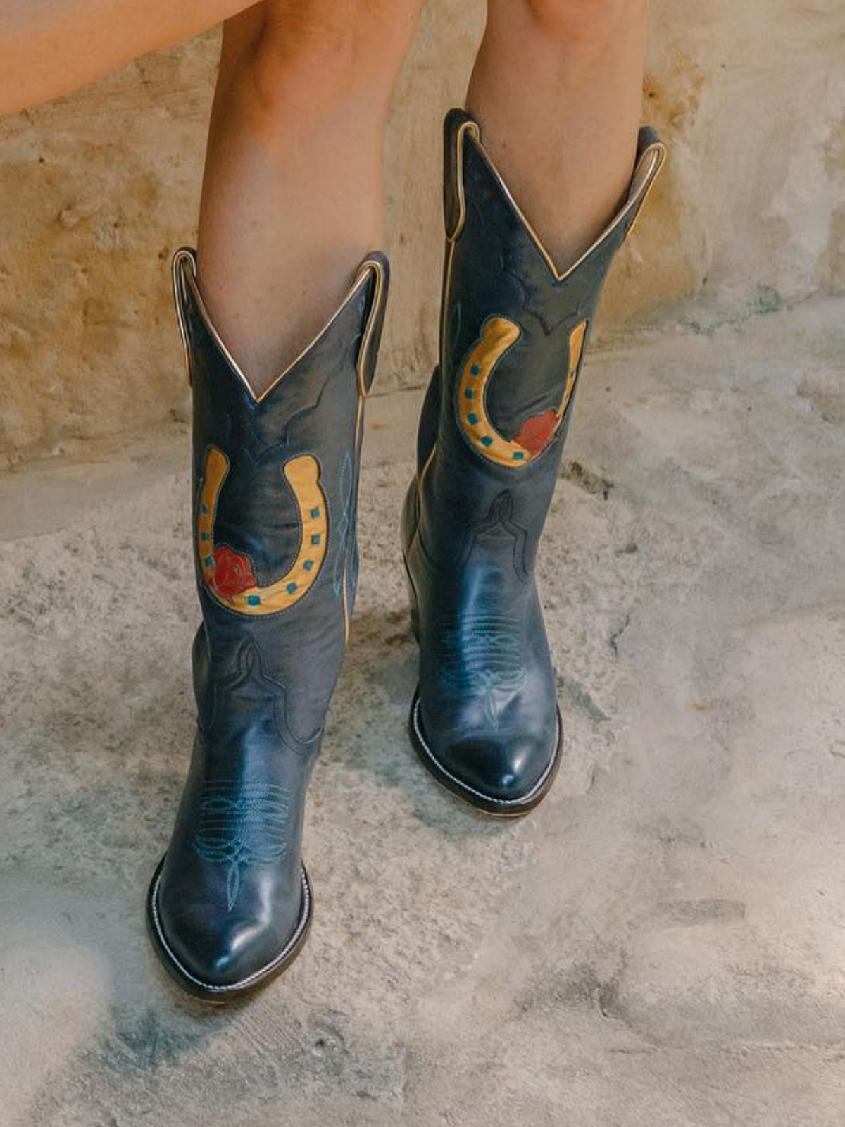 Navy Almond-Toe Rose And Metallic Gold Inlay Wide Mid Calf Cowgirl Boots With Running Stitch