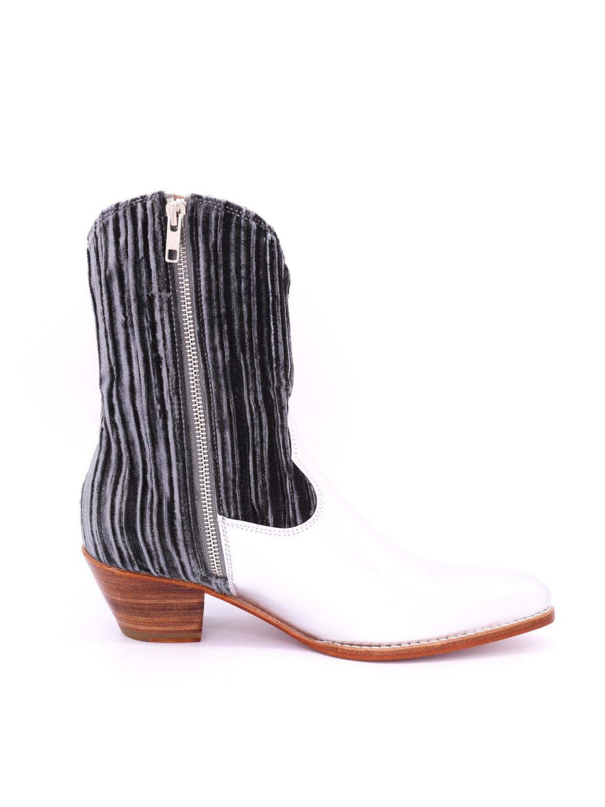 Silver Striped Velvet And White Vegan Leather Almond-Toe Full-Zip Mid Calf Cowgirl Boots