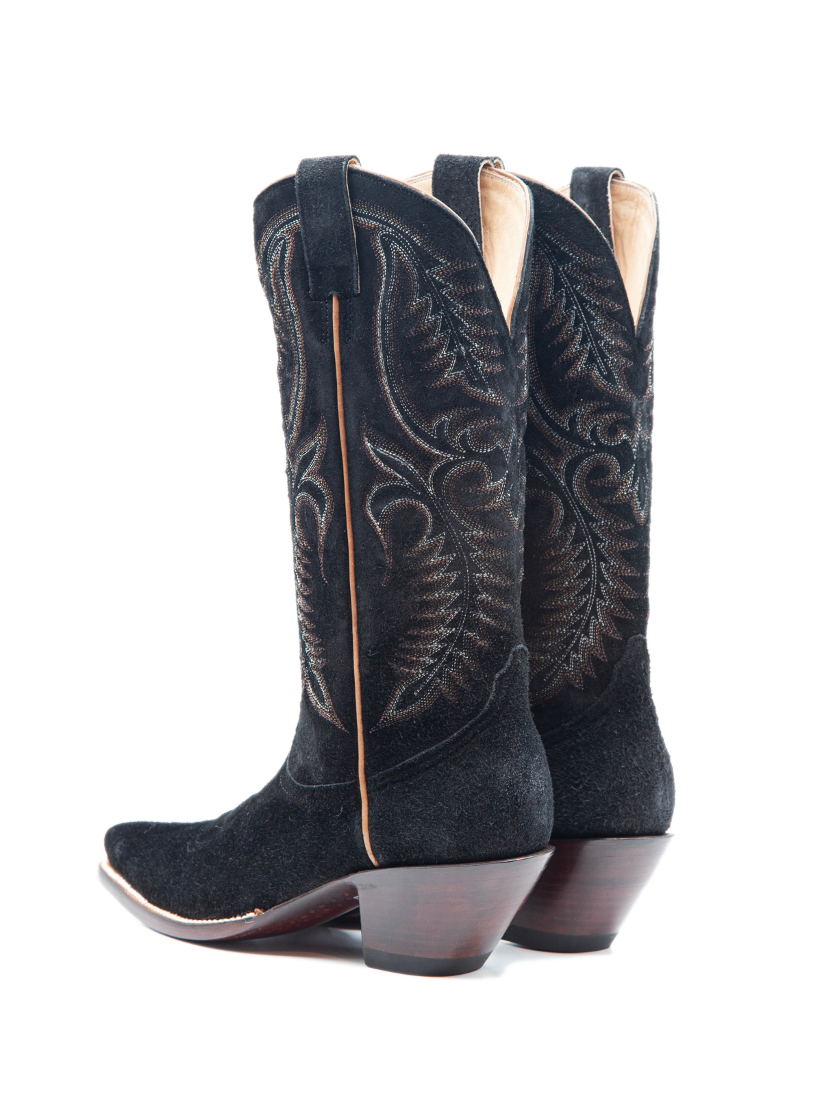 Black Faux Suede Snip-Toe Feather Embroidery Wide Mid Calf Tall Cowgirl Boots