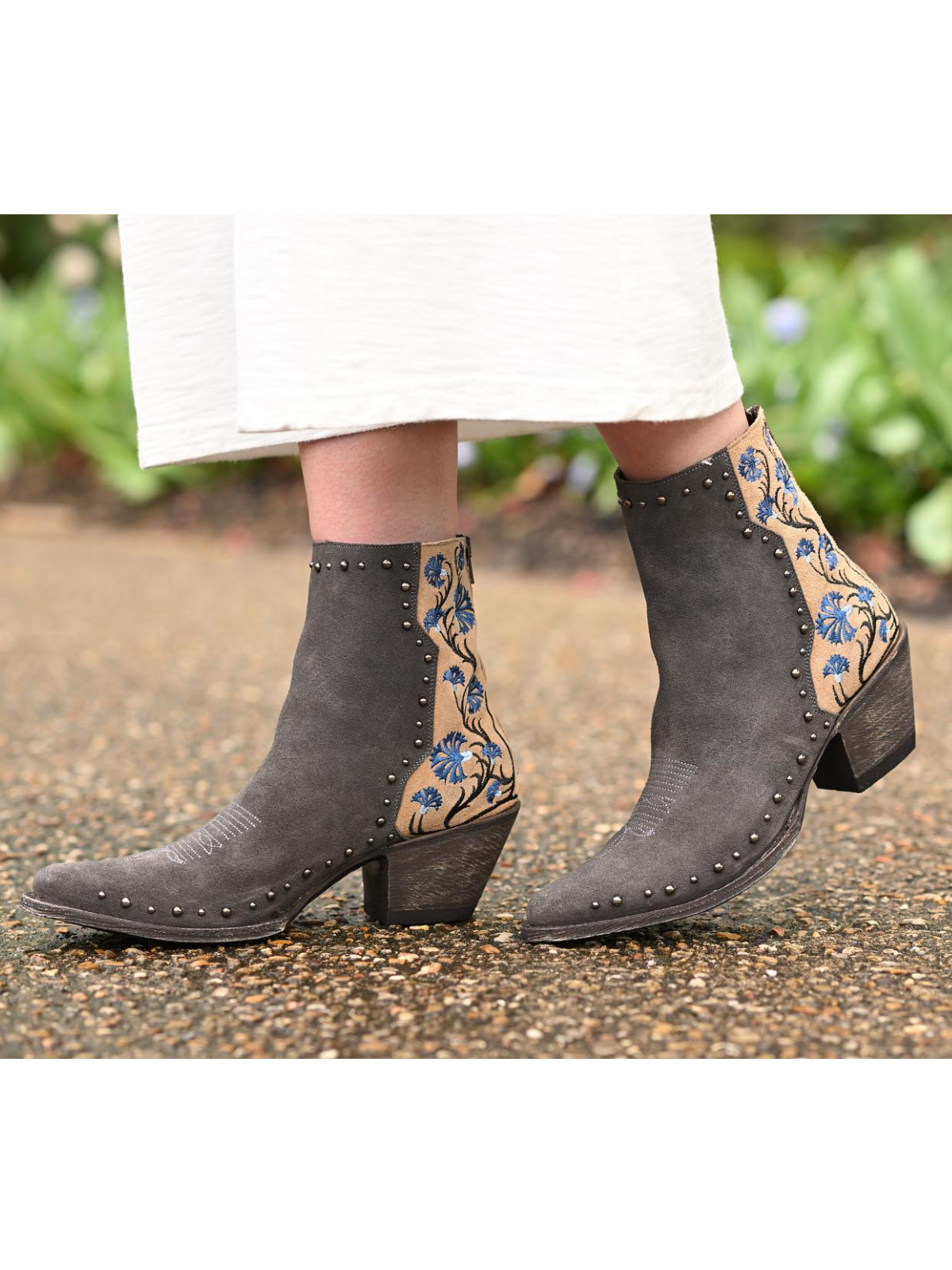 Contrast Dark Gray Faux Suede And Beige With Floral Embroidery Studded Wide Mid Calf Cowgirl Boots