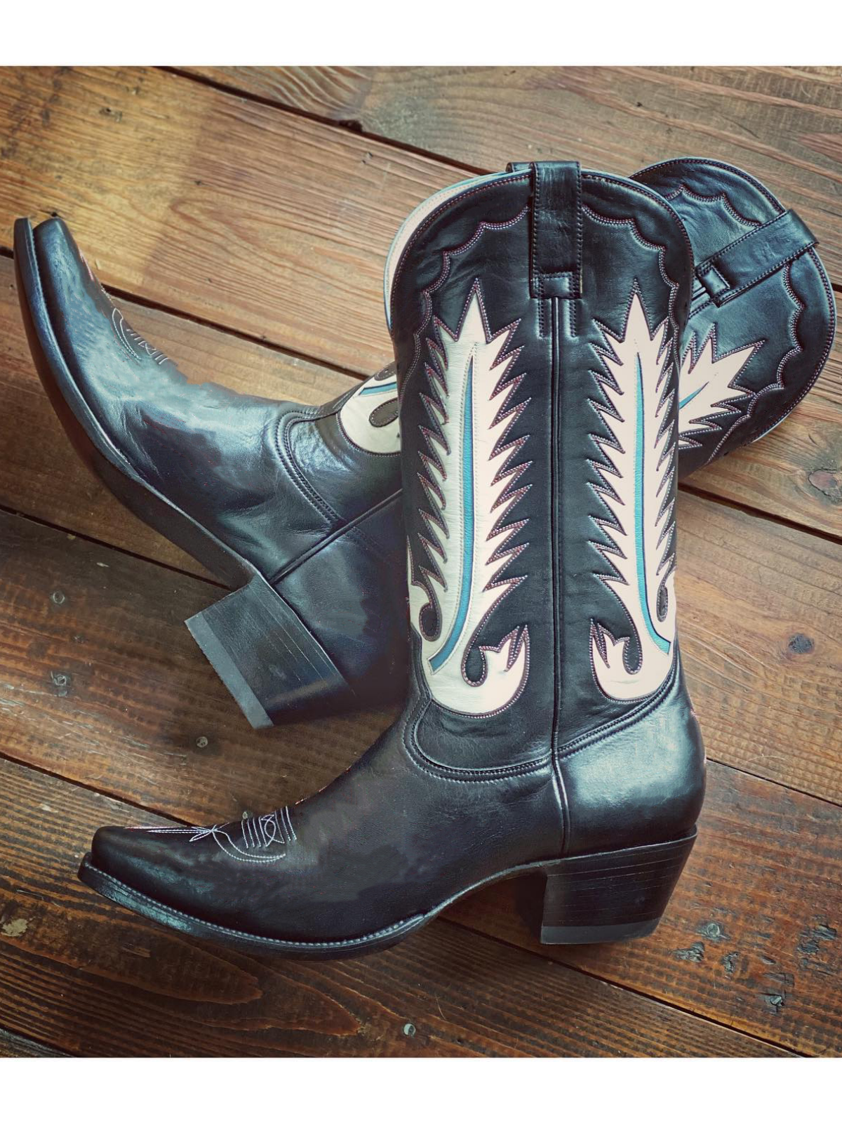 Black Snip-Toe White Feather Inlay Wide Mid Calf Tall Cowgirl Boots