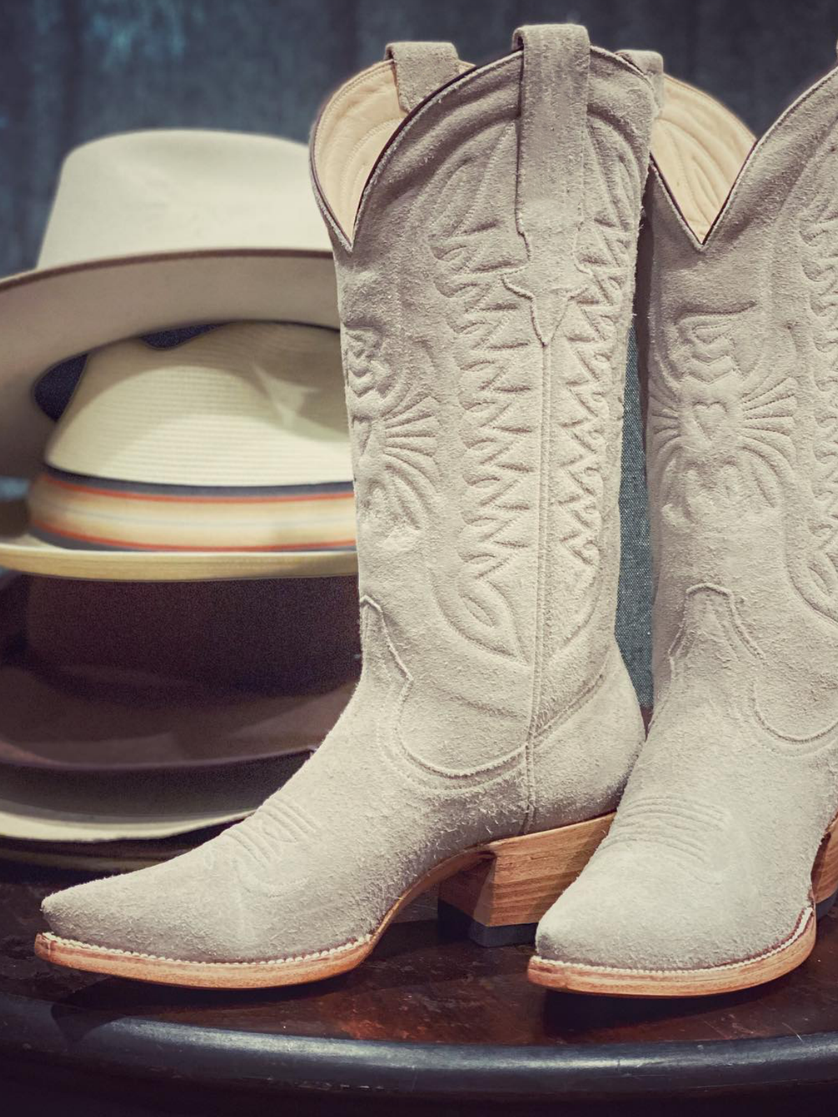 Cream Faux Suede Eagle And Heart Embroidery Pointed-Toe Wide Mid Calf Tall Cowgirl Boots