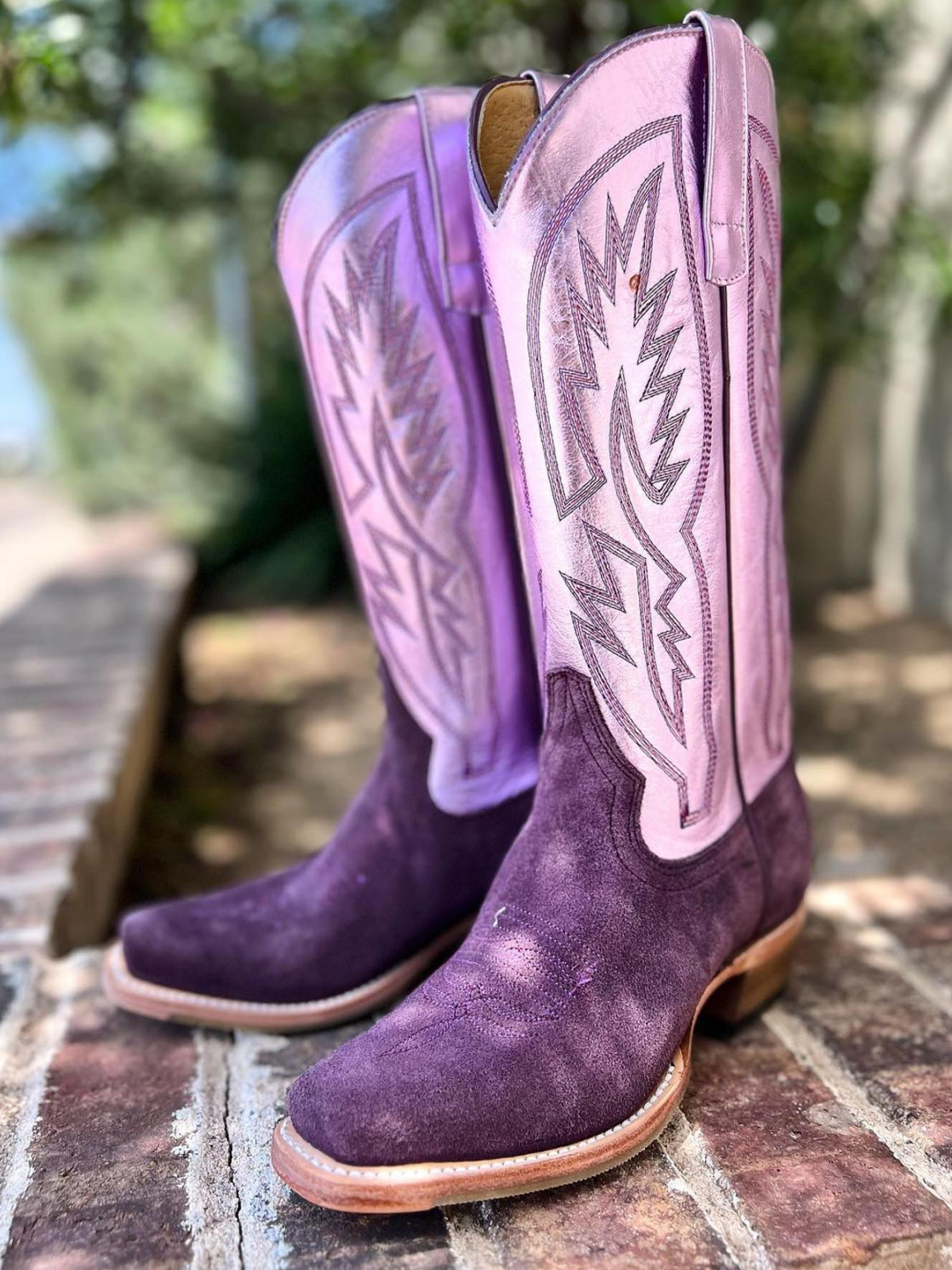 Faux Suede & Metallic Vegan Leather Embroidery Snip-Toe Wide Mid Calf Cowgirl Boots in Contrast Purple