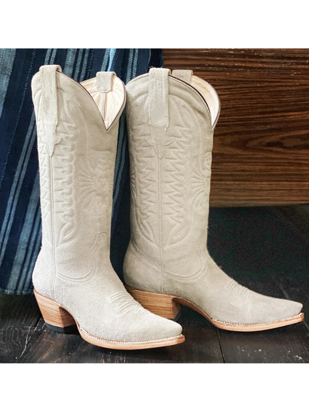 Cream Faux Suede Eagle And Heart Embroidery Pointed-Toe Wide Mid Calf Tall Cowgirl Boots