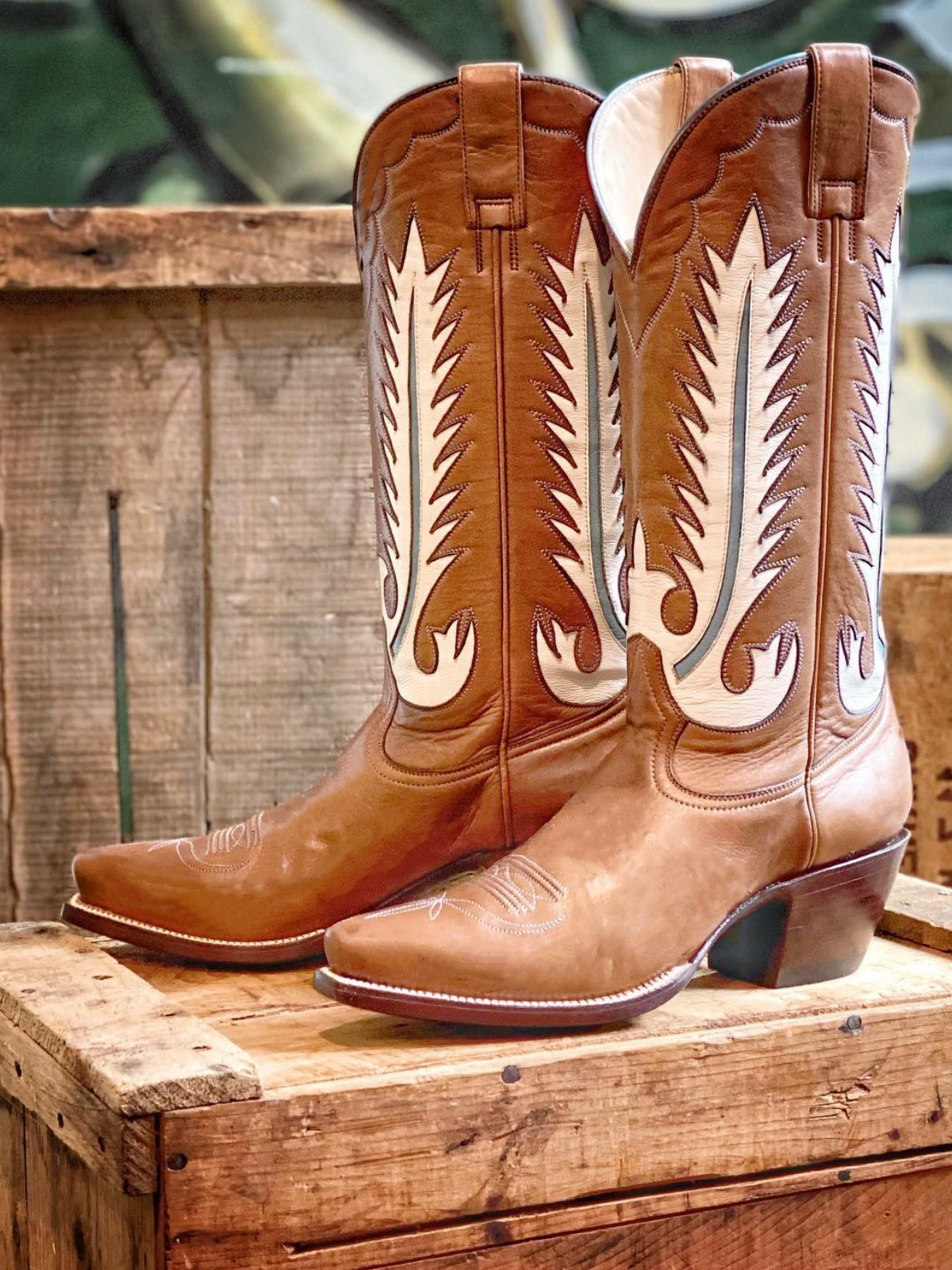 Caramel Brown Snip-Toe White Feather Inlay Wide Mid Calf Tall Cowgirl Boots