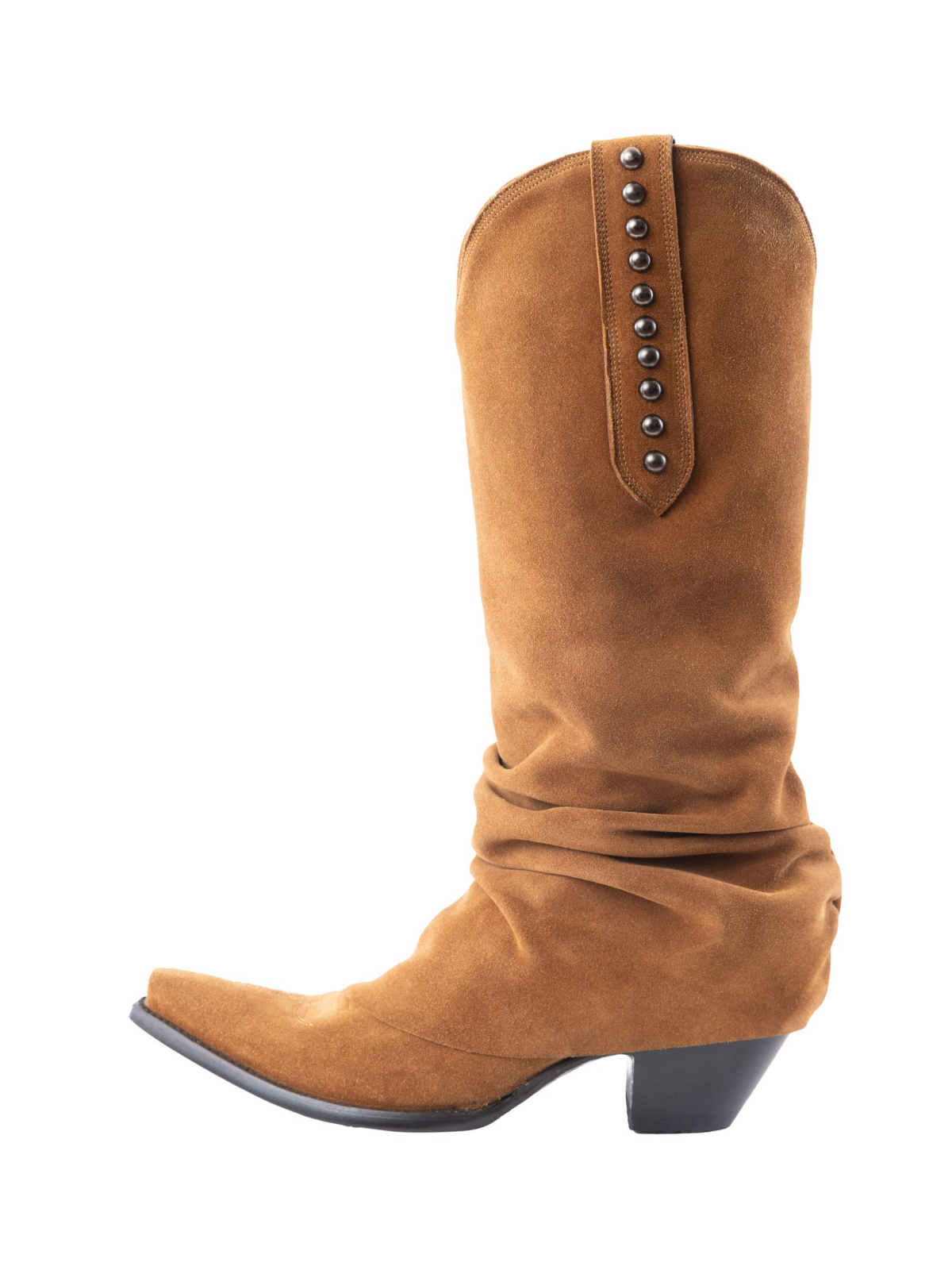 Tan Faux Suede Snip-Toe Studded Tall Wide Mid Calf Fold-Over Slouch Cowgirl Boots