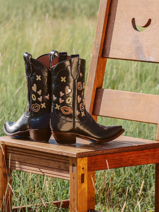 Navy Blue Snip-Toe Wide Mid Calf Cowgirl Boots With Metallic Inlays And Appliques