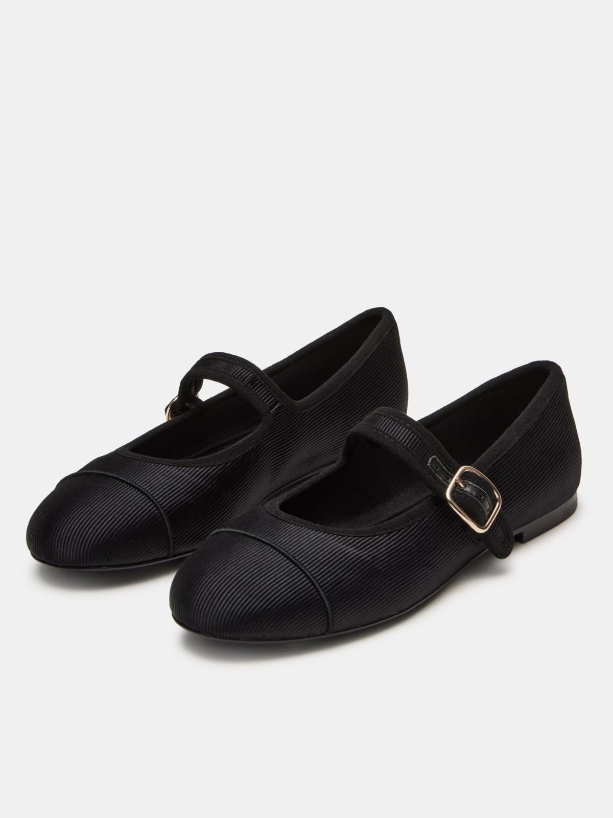 Black Cloth Round-Toe Bridge Strap Side Buckle Mary Janes Ballet Flats