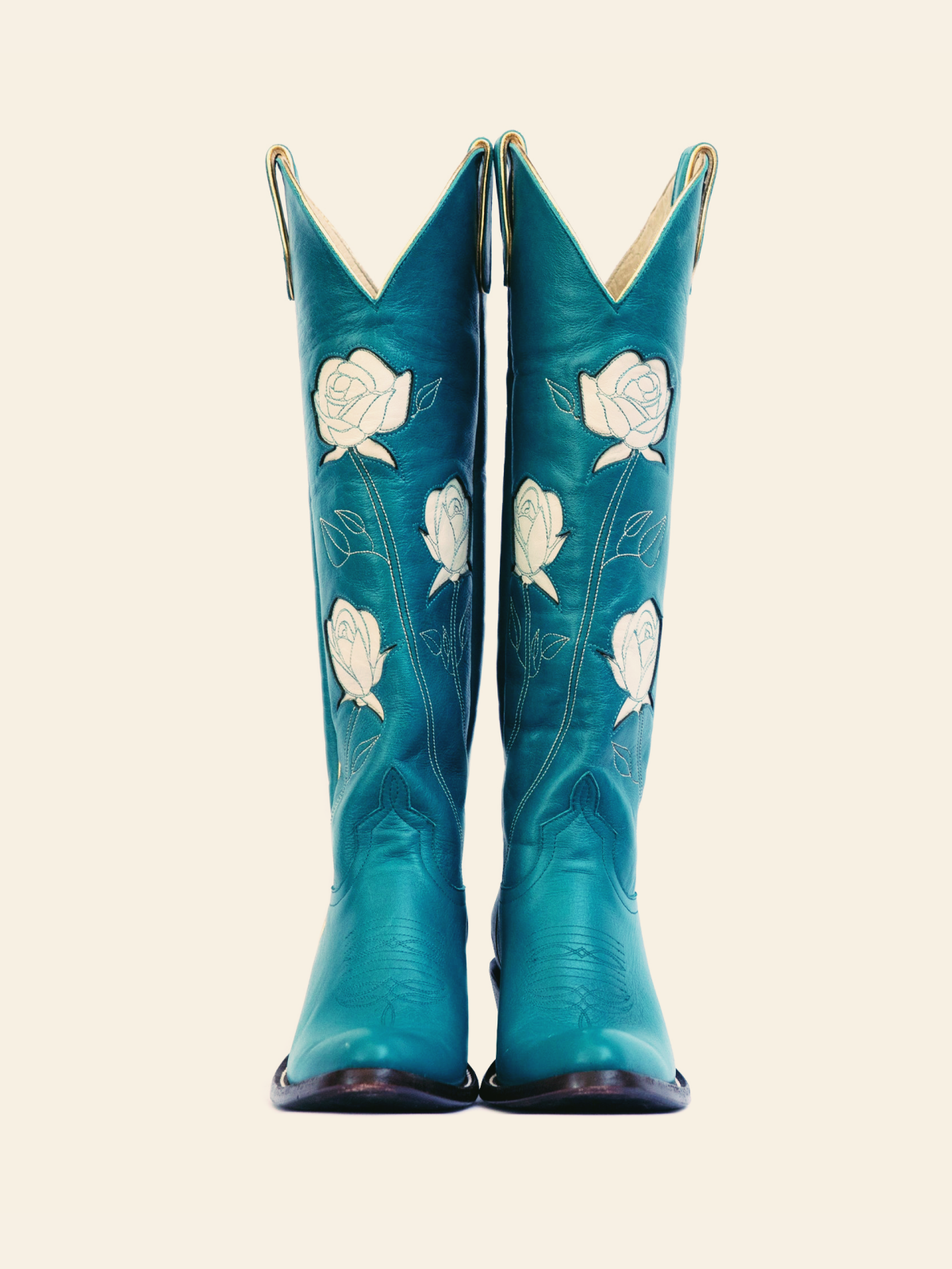 Steel Blue Almond-Toe Cowgirl Wide Calf Boots With White Rose Inlay