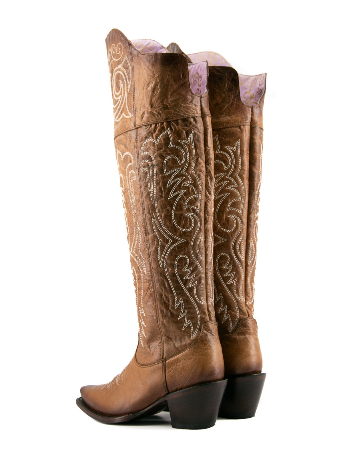 Distressed Camel Snip-Toe Half-Zip Embroidery Tall Knee High Cowgirl Boots