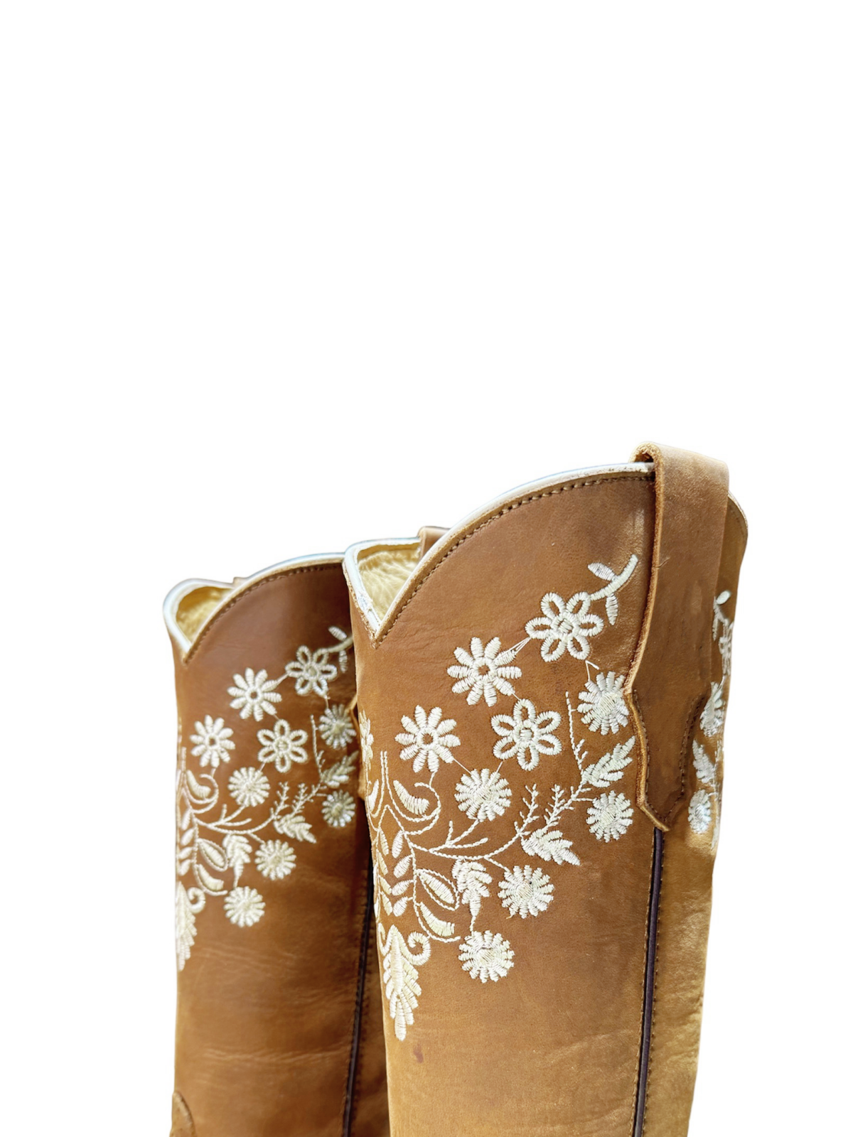 Tan Square-Toe Floral Embroidery Wide Mid Calf Cowgirl Boots