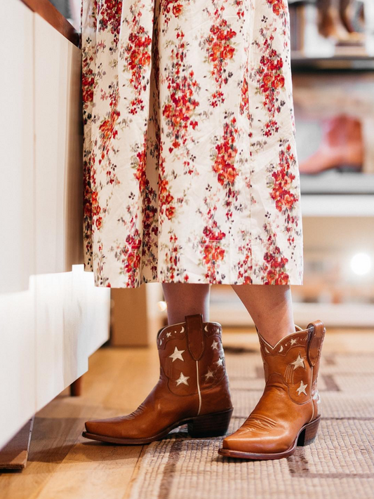 Brown Snip-Toe Cowgirl Ankle Booties With Metallic Pale Gold Star Inlay And Applique