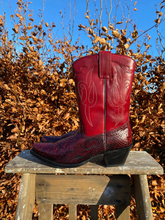 Contrast Snakeskin And Red Snip-Toe Embroidery Wide Mid Calf Cowgirl Boots