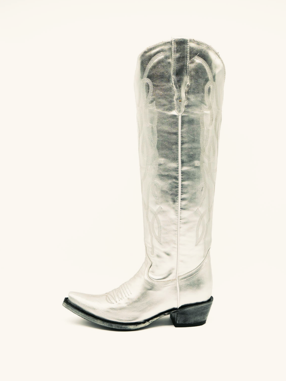 Metallic Silver Embroidery Snip-Toe Wide Calf Western Boots Knee High Tall Boots