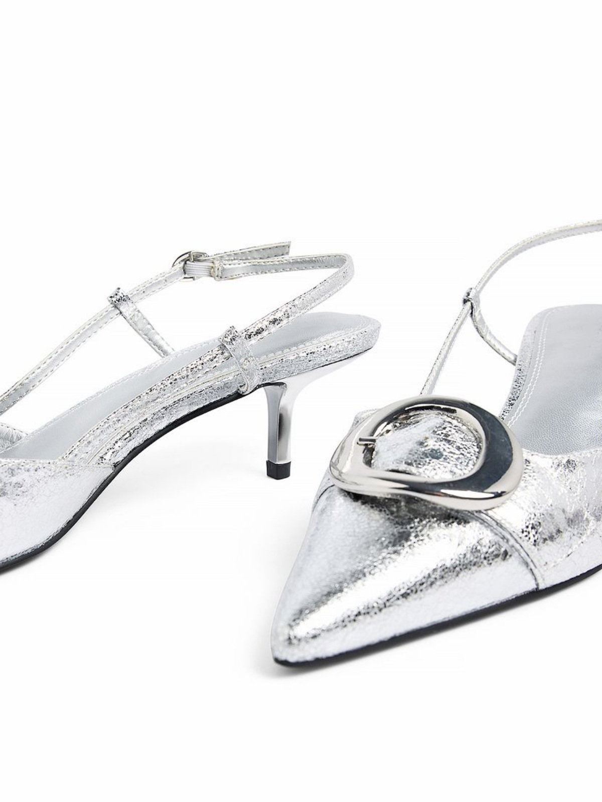 Metallic Silver Pointed-Toe Slingback Pump Kitten Heels With Circular Buckle